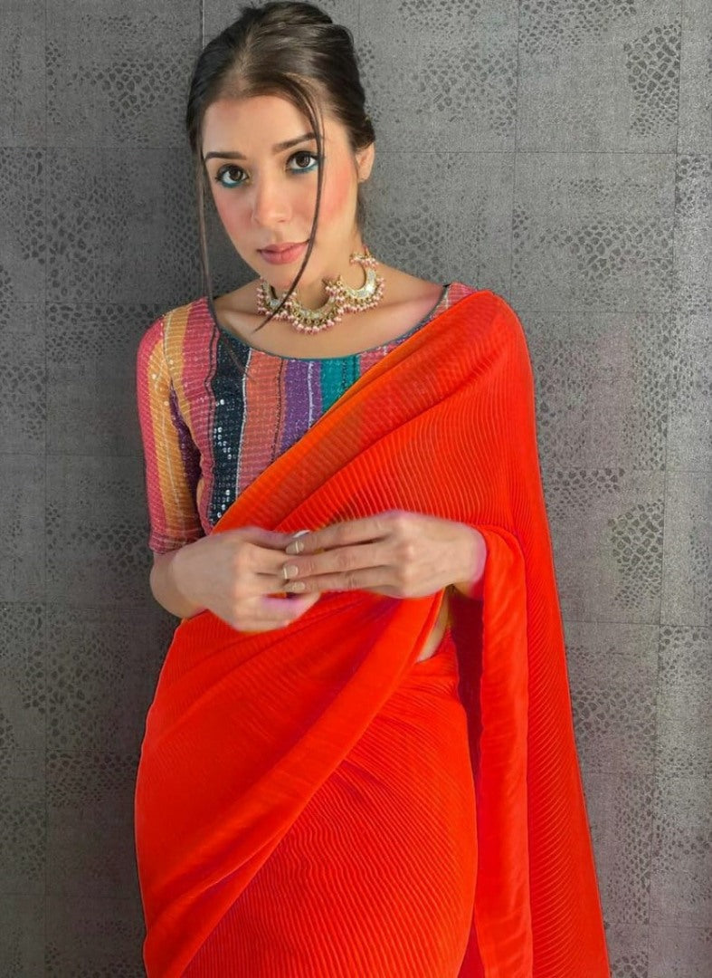 Red heavy georgette pattern work fancy saree