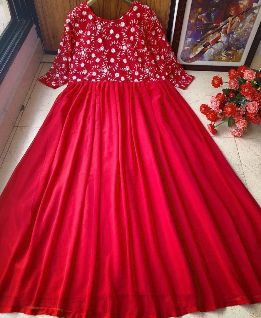 Red heavy georgette with embroidered work gown