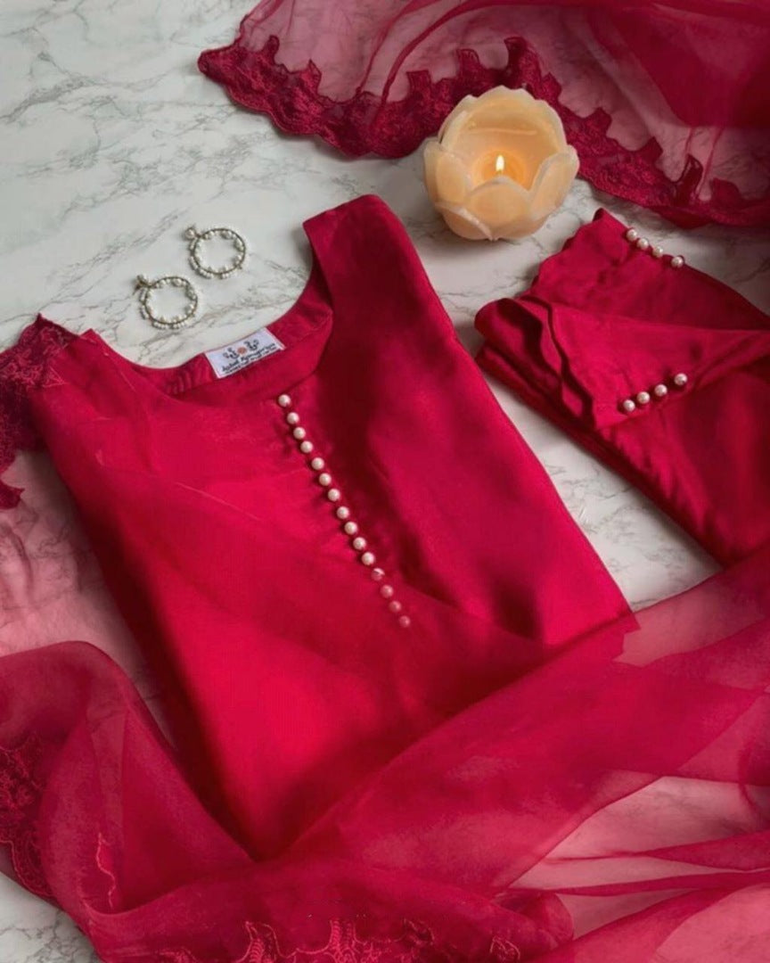 Red heavy japan silk pearl border work salwar suit