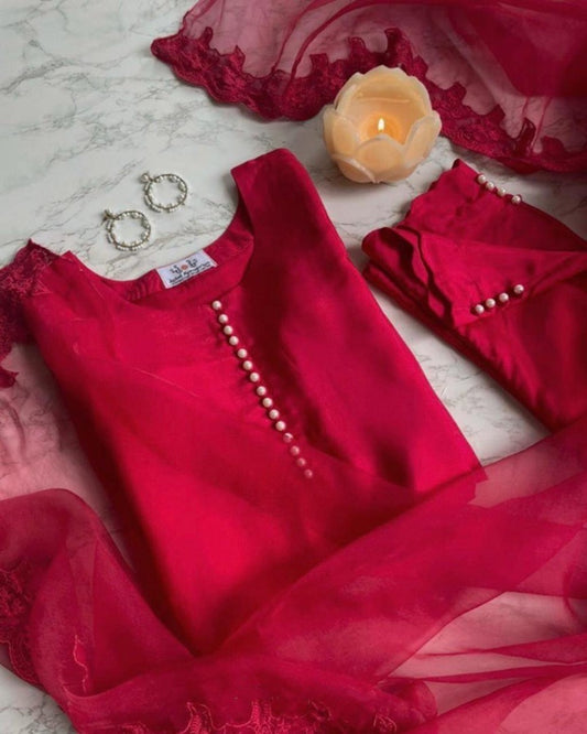 Red heavy japan silk pearl border work salwar suit