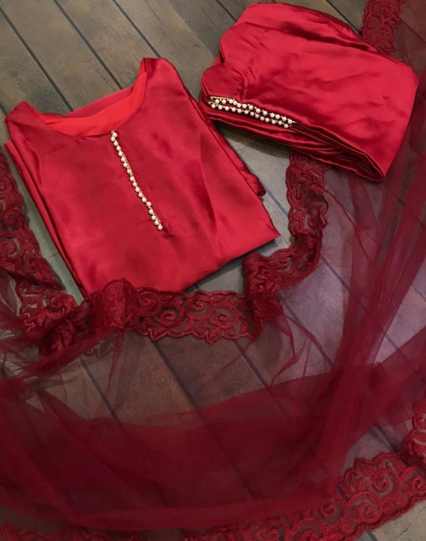 Red heavy japan silk pearl border work salwar suit