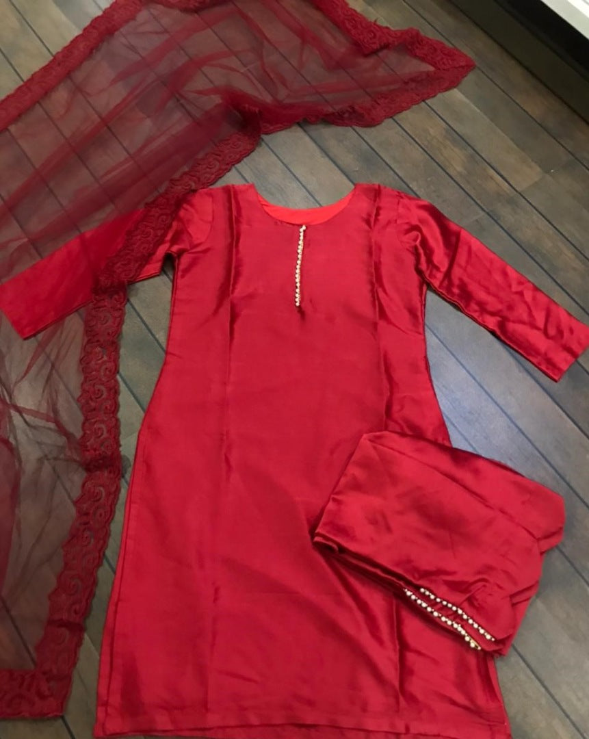 Red heavy japan silk pearl border work salwar suit