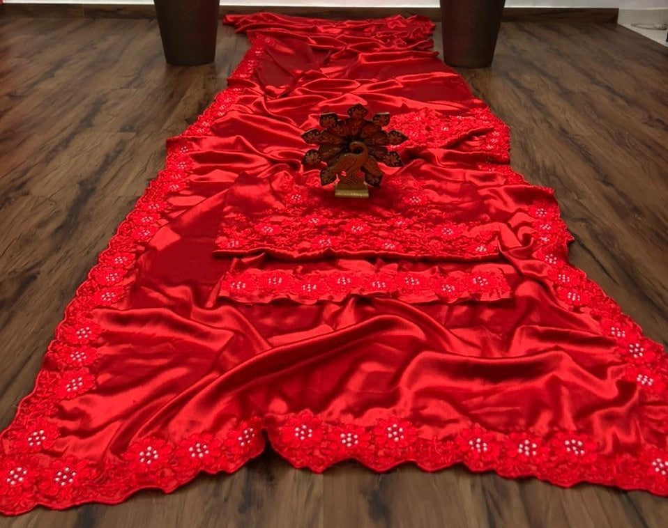 Red heavy satin silk embroidered partywear saree