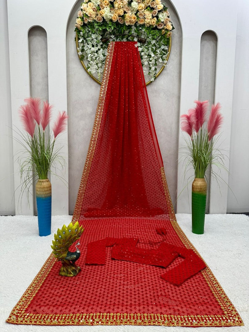 Red heavy work designer wedding saree