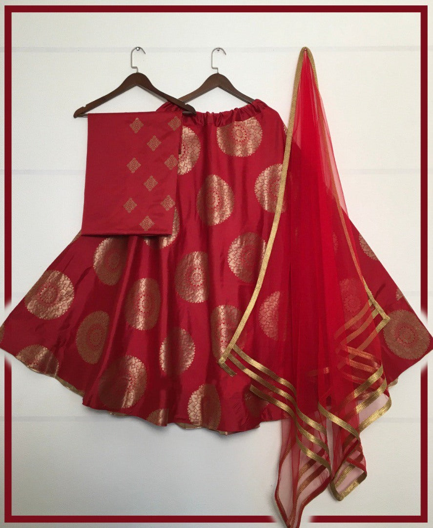 Red jacquard banarasi silk wedding lehenga