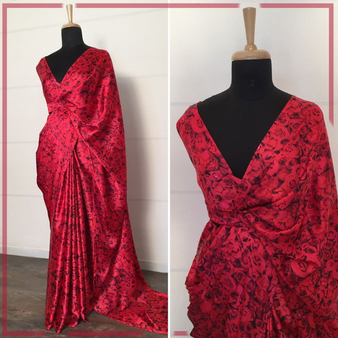 Red japan satin silk flower printed saree