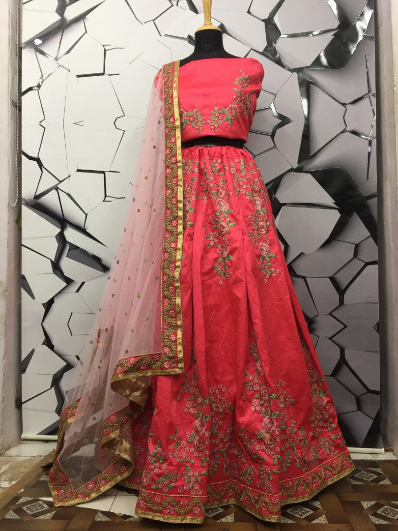 red mulberry silk threadwork embroidered wedding lehenga