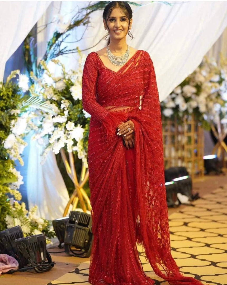 Red net heavy sequence thread work designer wedding saree