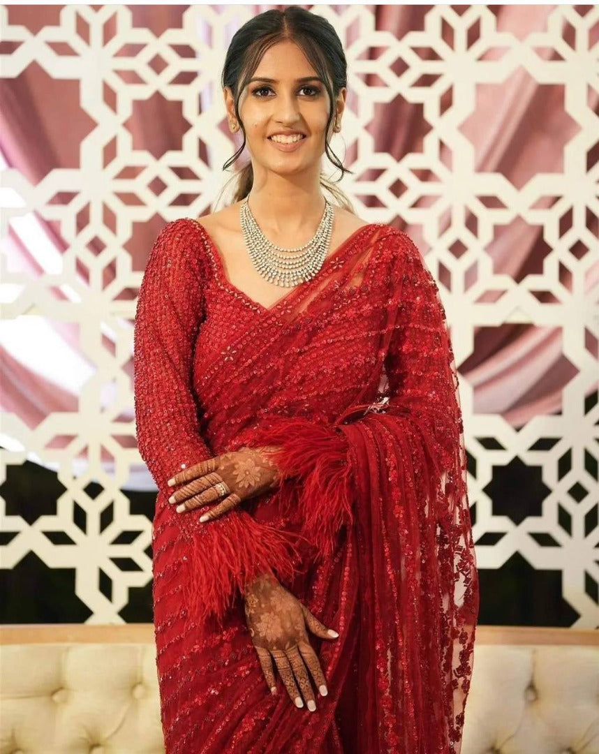 Red net heavy sequence thread work designer wedding saree