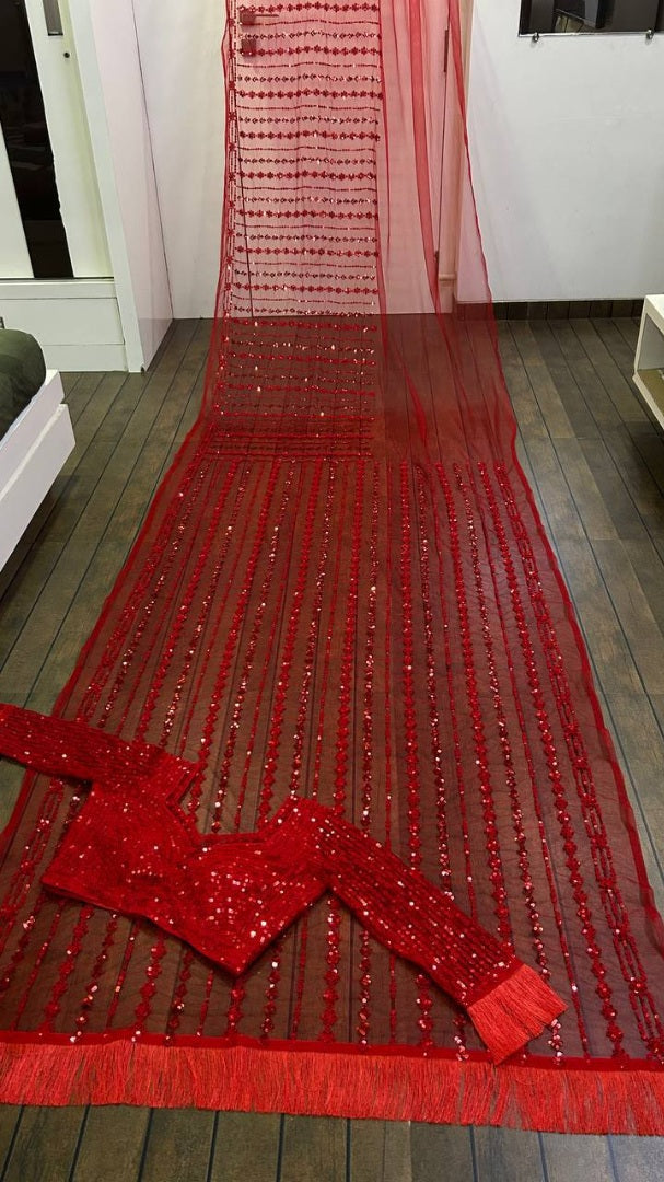 Red net heavy sequence thread work designer wedding saree