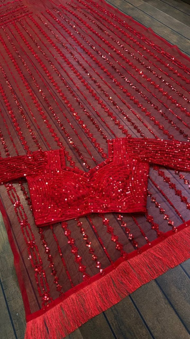 Red net heavy sequence thread work designer wedding saree