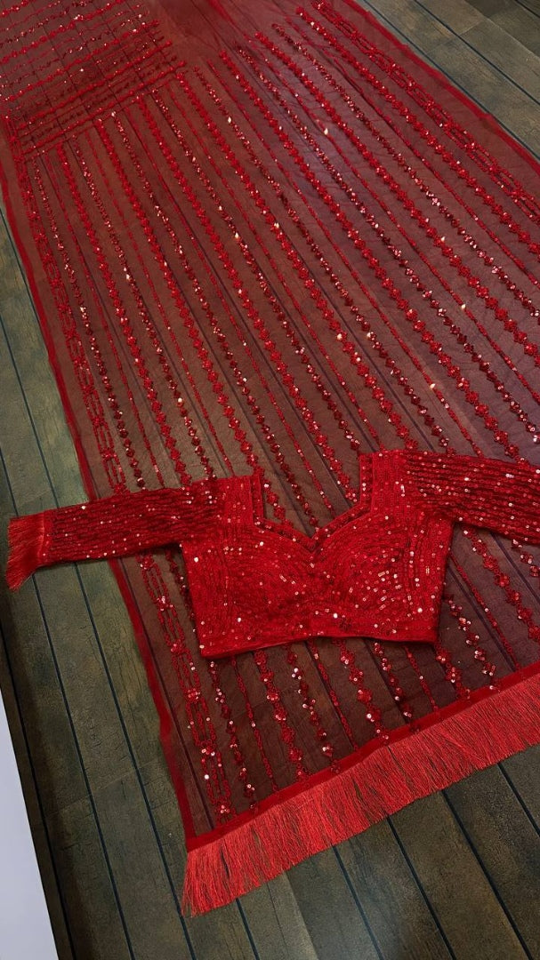 Red net heavy sequence thread work designer wedding saree