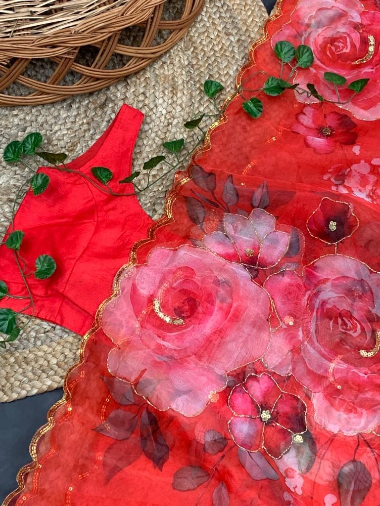 Red organza flower printed hand worked partywear saree