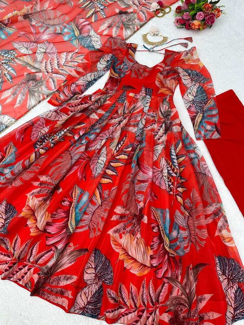 Red organza silk printed anarkali suit