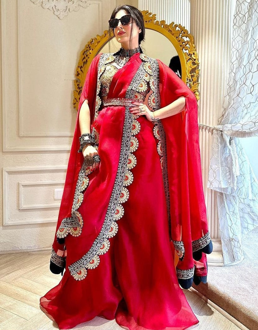 Red organza thread sequence work indowestern sharara suit shrug