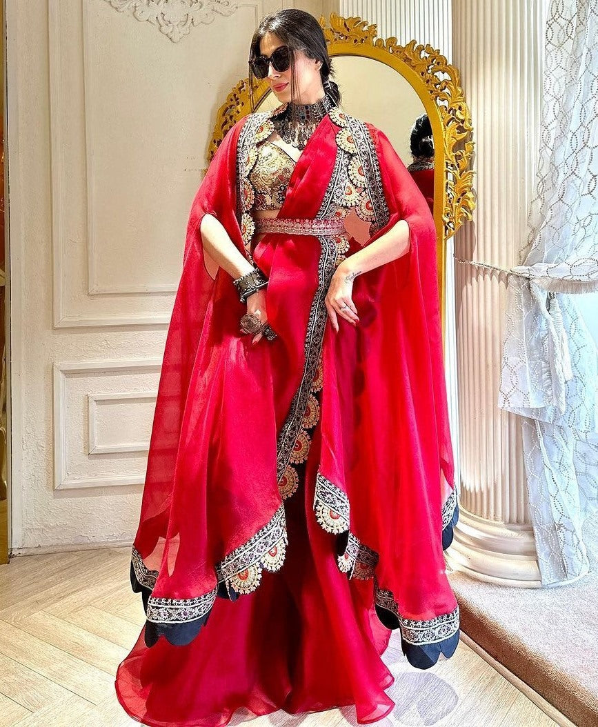 Red organza thread sequence work indowestern sharara suit shrug