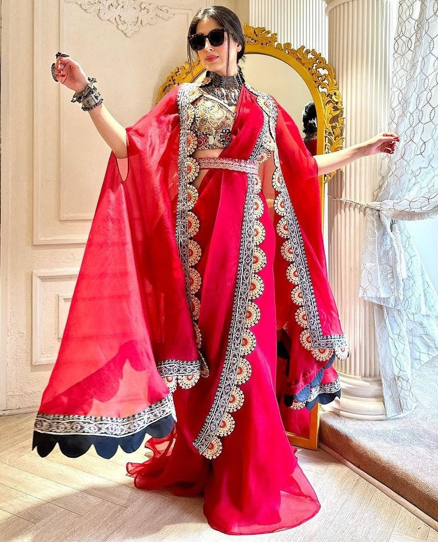 Red organza thread sequence work indowestern sharara suit shrug