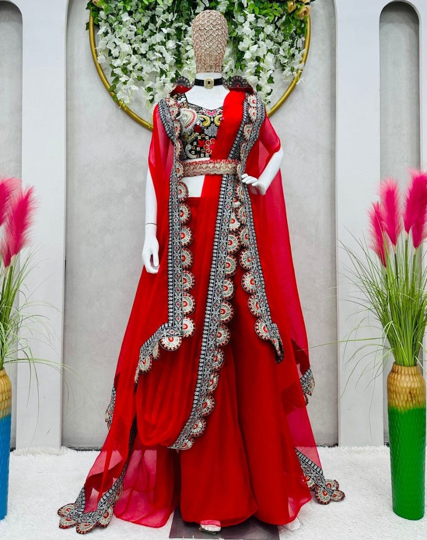 Red organza thread sequence work indowestern sharara suit shrug