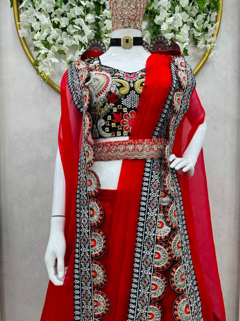 Red organza thread sequence work indowestern sharara suit shrug
