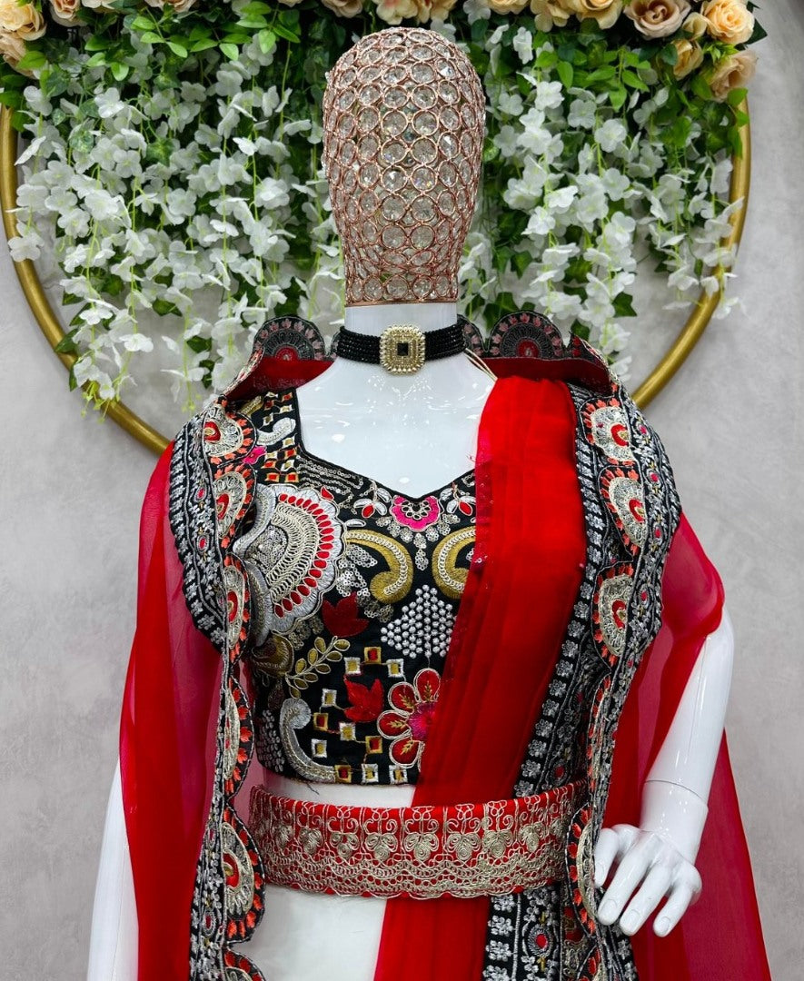 Red organza thread sequence work indowestern sharara suit shrug