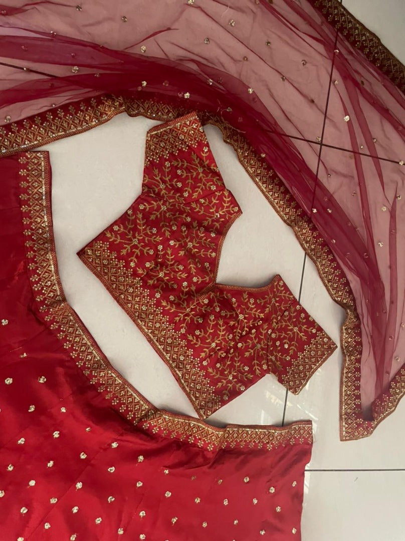 Red phantom silk sequence embroidered work lehenga choli