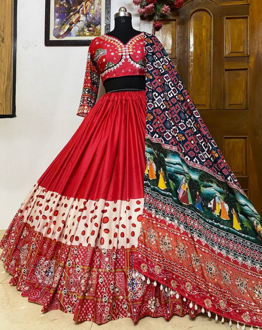 Red print and mirror work gujarati garba navratri lehenga chaniya choli
