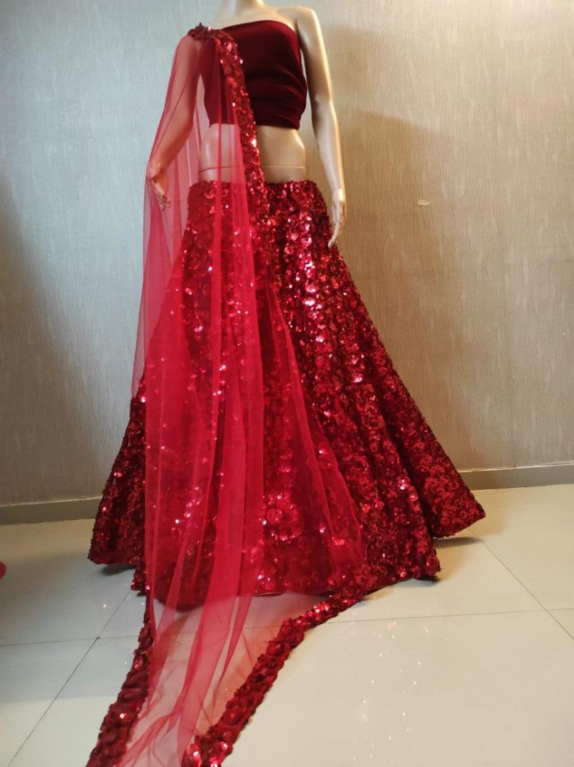 Red pure velvet sequence flower work wedding lehenga choli