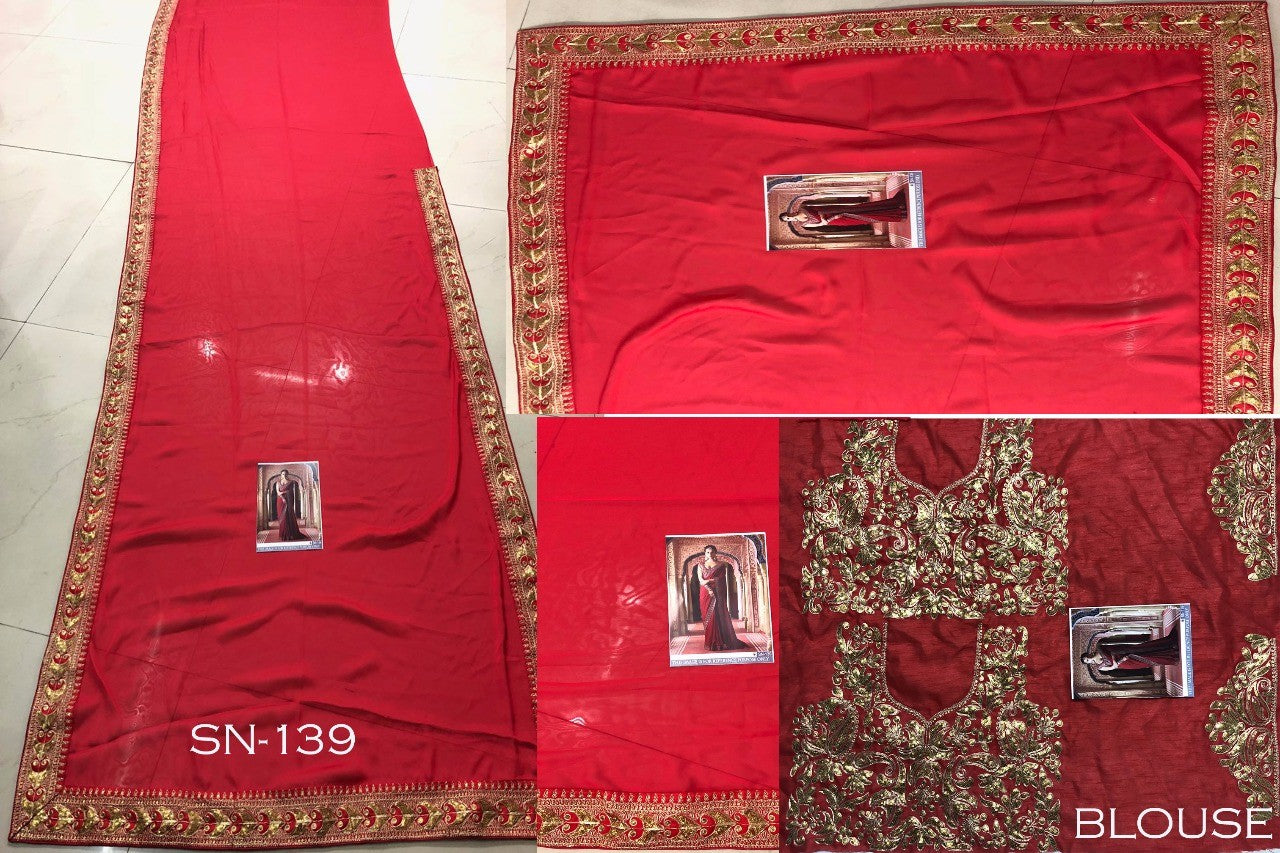 red rangoli georgette silk embroidered designer wedding saree