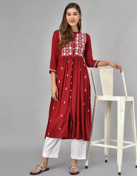 Red rayon chikankari work short kurti