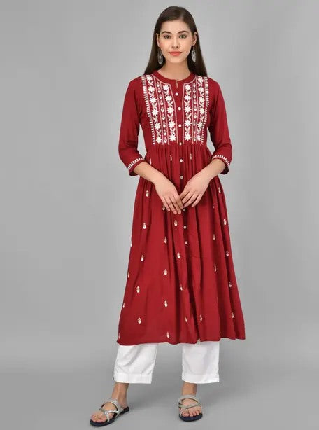 Red rayon chikankari work short kurti