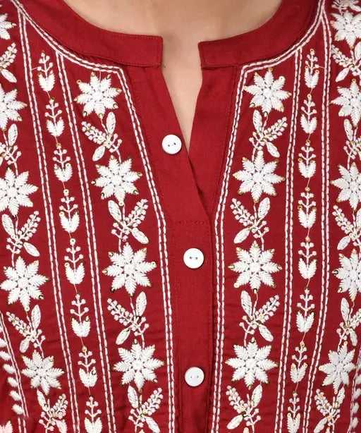 Red rayon chikankari work short kurti