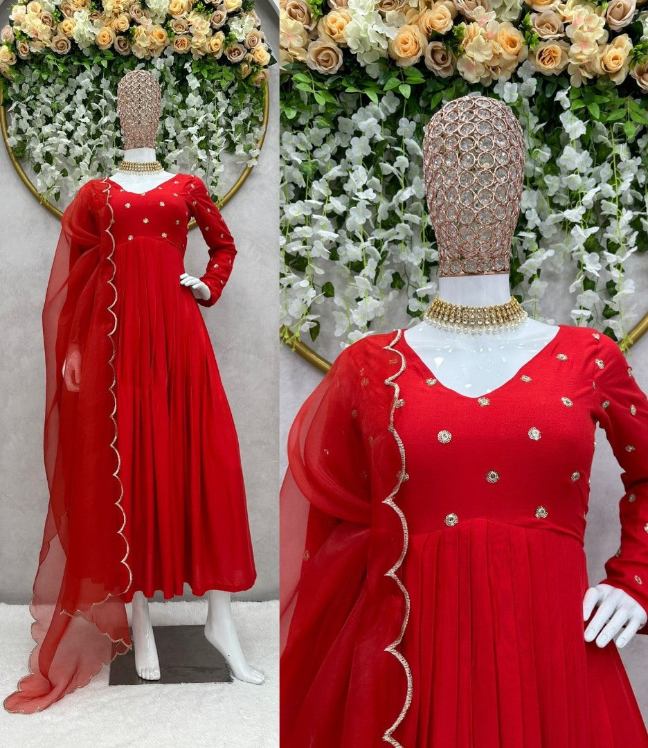 Red rayon sequence work party wear gown