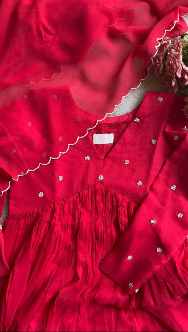 Red rayon sequence work party wear gown