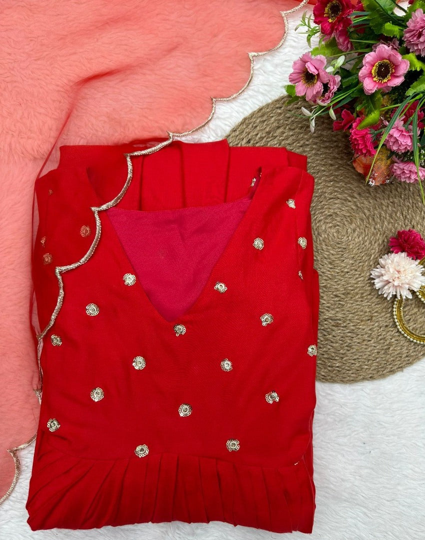 Red rayon sequence work party wear gown