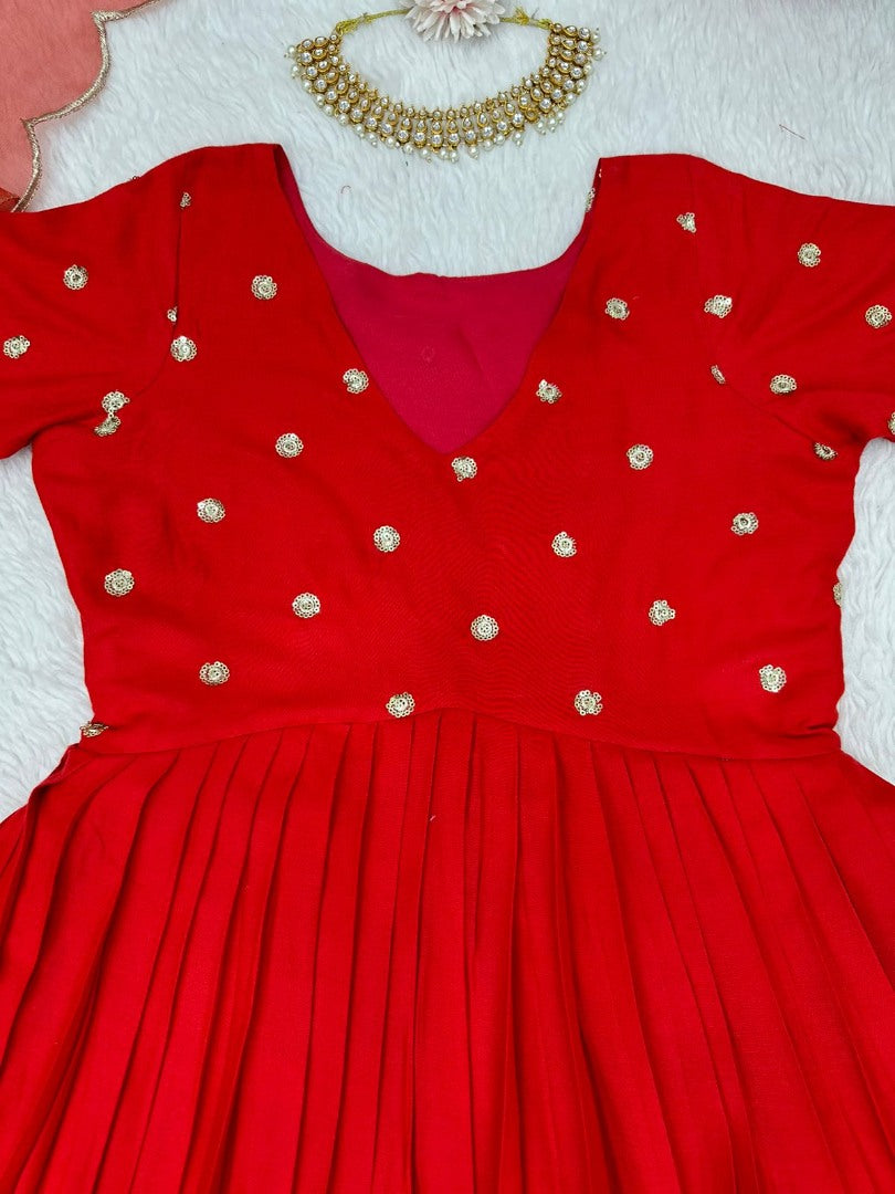 Red rayon sequence work party wear gown