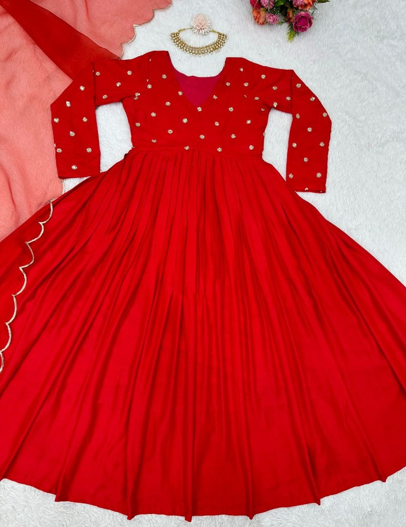Red rayon sequence work party wear gown