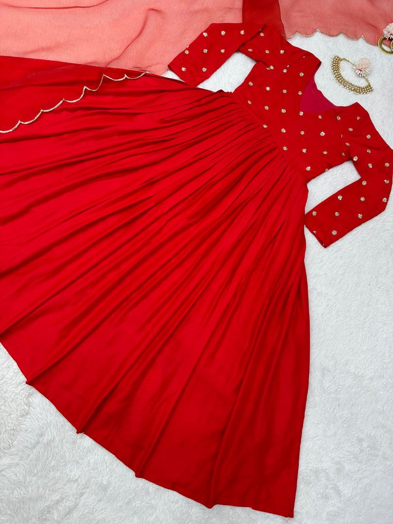 Red rayon sequence work party wear gown