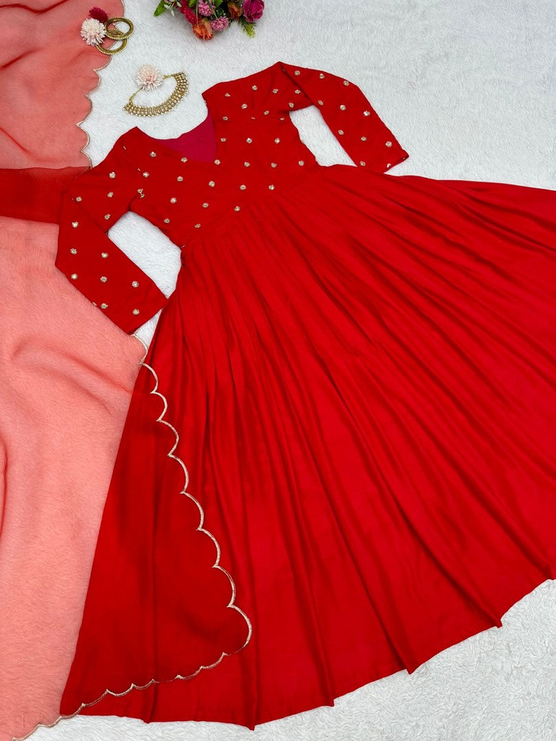 Red rayon sequence work party wear gown