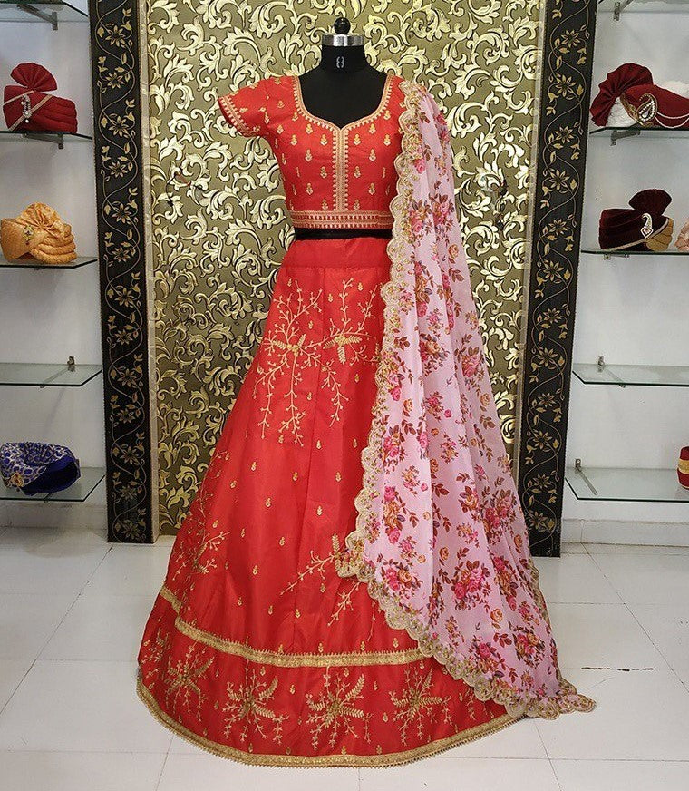 Red satin banglory beautiful embroidered designer wedding lehenga choli
