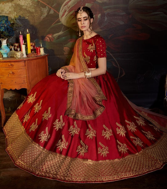 red satin heavy embroidered wedding lehenga choli