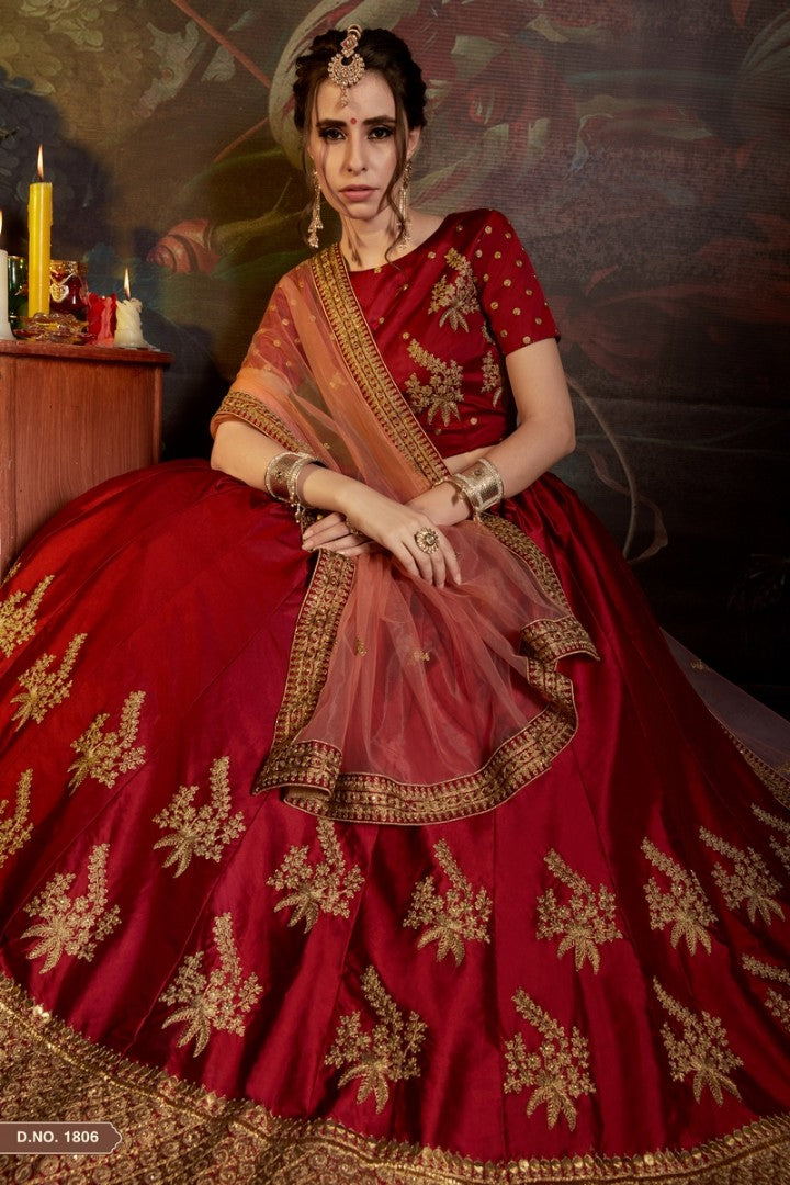 red satin heavy embroidered wedding lehenga choli