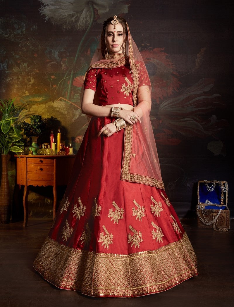 red satin heavy embroidered wedding lehenga choli
