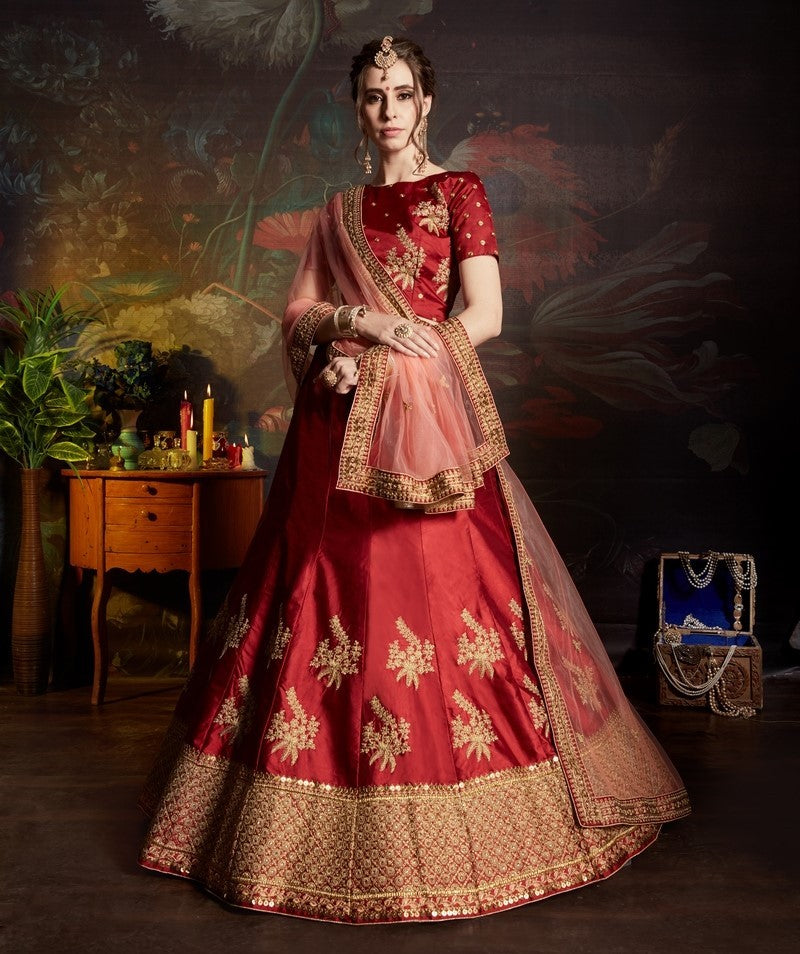 red satin heavy embroidered wedding lehenga choli