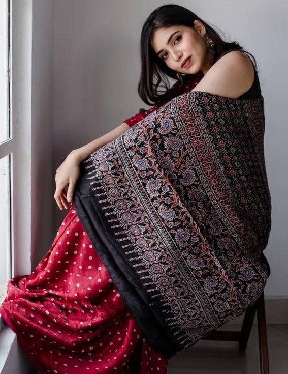 Red satin silk digital printed saree