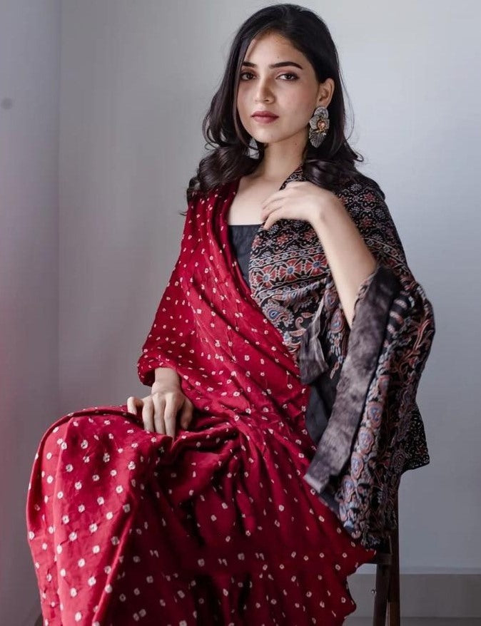 Red satin silk digital printed saree
