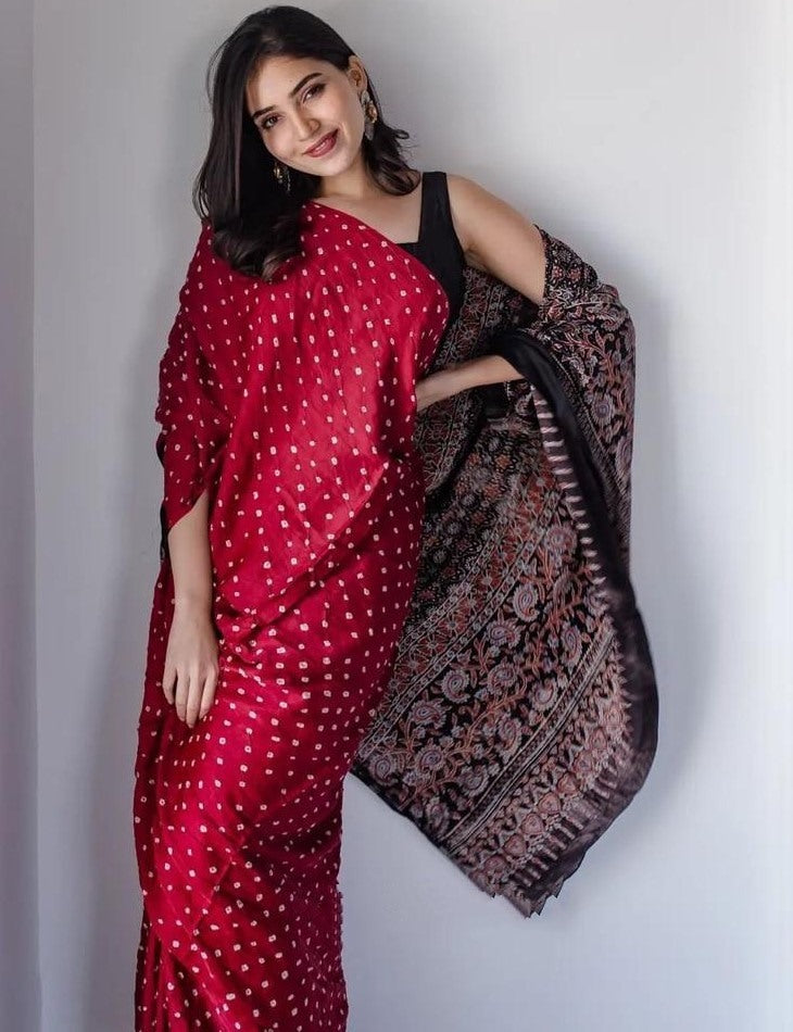 Red satin silk digital printed saree