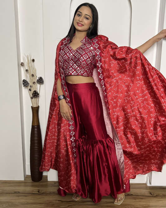 Red satin silk indowestern sharara suit with shrug