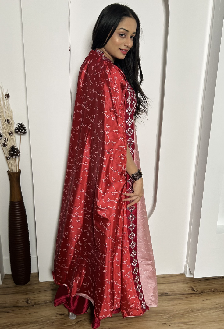 Red satin silk indowestern sharara suit with shrug