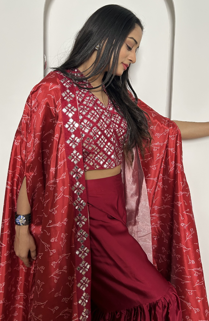 Red satin silk indowestern sharara suit with shrug