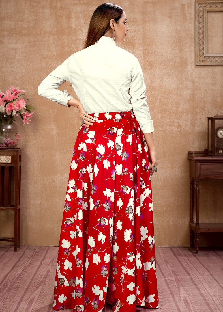 Red silk flower printed occasional wear crop top lehenga